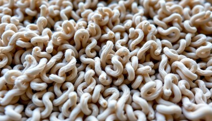 A close up view of numerous noodles that resemble macaroni, piled together in a loose heap.