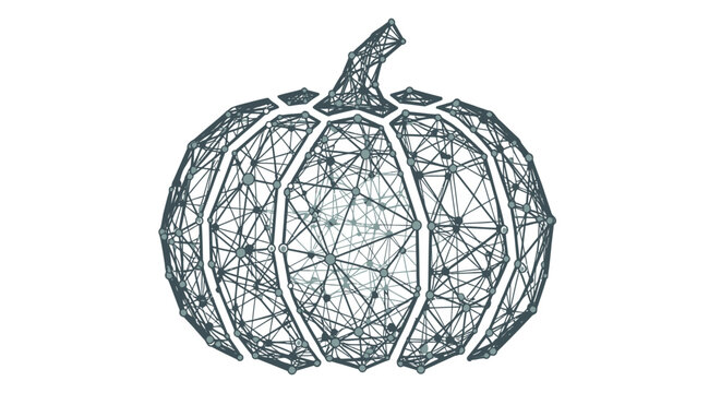 Geometric wireframe pumpkin illustration on white background.