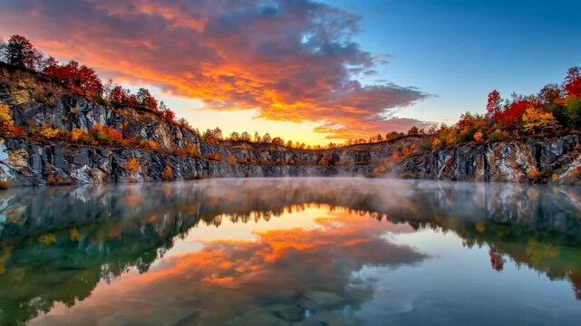 Colorful autumn trees around quarry lake at sunrise with mist
