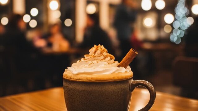 Frothy drink topped with whipped cream  cinnamon stick in a speckled mug on a striped table in a cafe setting with blurred lights  figures