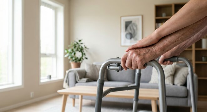 Aging in place social care support concept with elderly and younger hands on modern walker in bright Scandinavian home interior