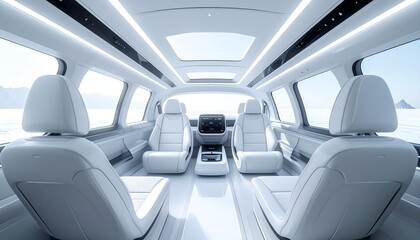 Interior of a modern autonomous vehicle with passengers relaxing in a minimalist and comfortable setting.