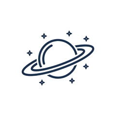 A stylish depiction of a planet surrounded by a ring and sparkling stars in space.