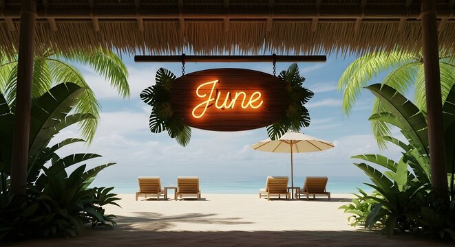 A serene beach scene with a neon sign reading june under a thatched roof and surrounded by palm trees and comfortable lounge chairs