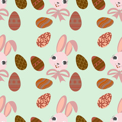  Cute pink Easter bunnies with big bows and colorful patterned eggs