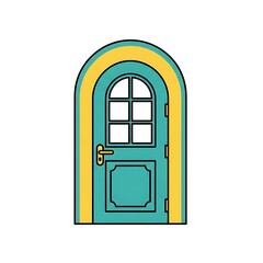 A cartoon teal door with a window and yellow frame