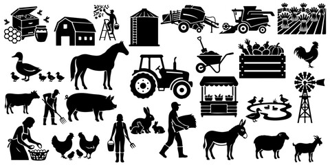 Huge set of farm and agriculture silhouettes, featuring domestic animals, farmers, tractor, harvester, barn and rural life icons isolated © Vladislav