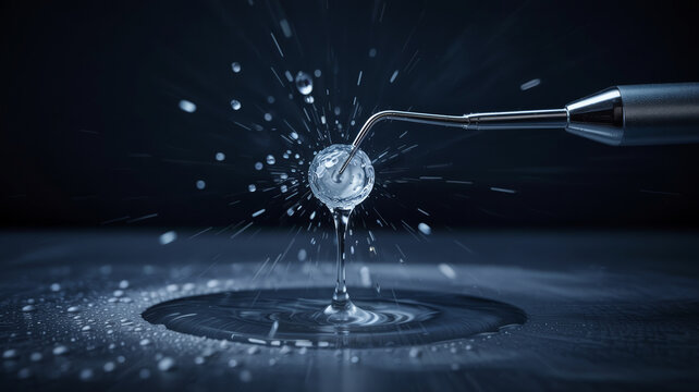 Water Drop Falling into Liquid Surface with Metal Pipette on Dark Background