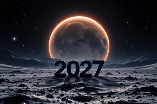 2027 Futuristic Lunar Landscape Under Glowing Celestial
