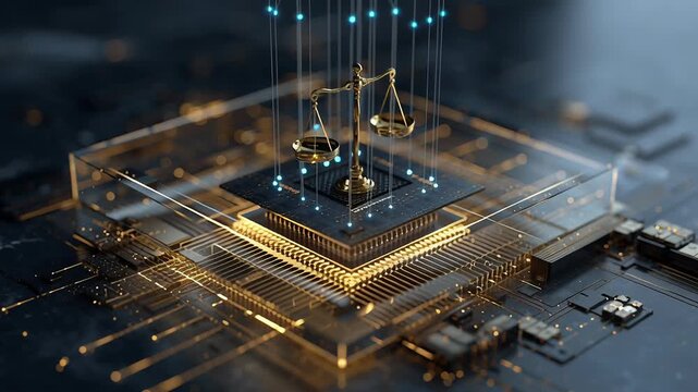 Futuristic AI processor embedded in a dark reflective surface, subtle gold circuitry glowing beneath transparent layers, holographic scales of justice forming above the chip, fragments of legal code 