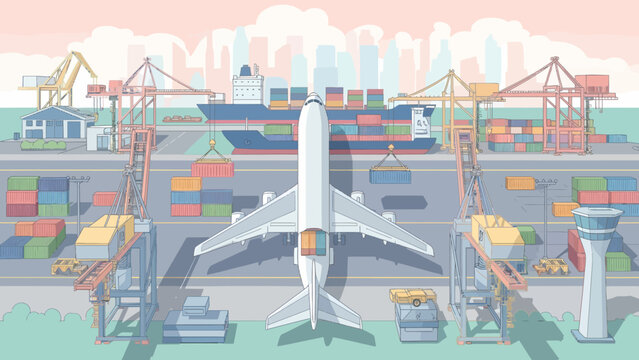Airplane at a Busy Port A Hub of Global Trade and Transportation.