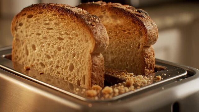 Close up of two slices of bread toasting in a chrome toaster.