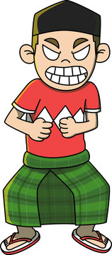 Set of Muslim Boy Cartoon Character with Different Expressions and Poses Wearing Songkok and Sarung