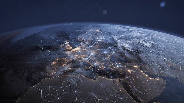 Global energy storage network illustration, interconnected grid-scale storage systems and rare earth mineral flows forming an abstract world pattern, structured atmospheric lighting, ultra-realistic 