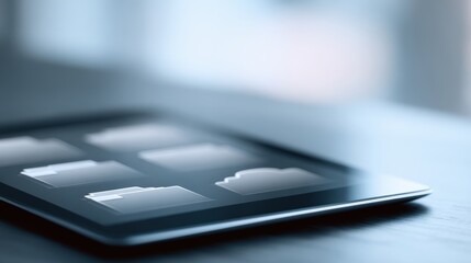 Tablet displaying cloud folder system with organized file structure icons, document management concept