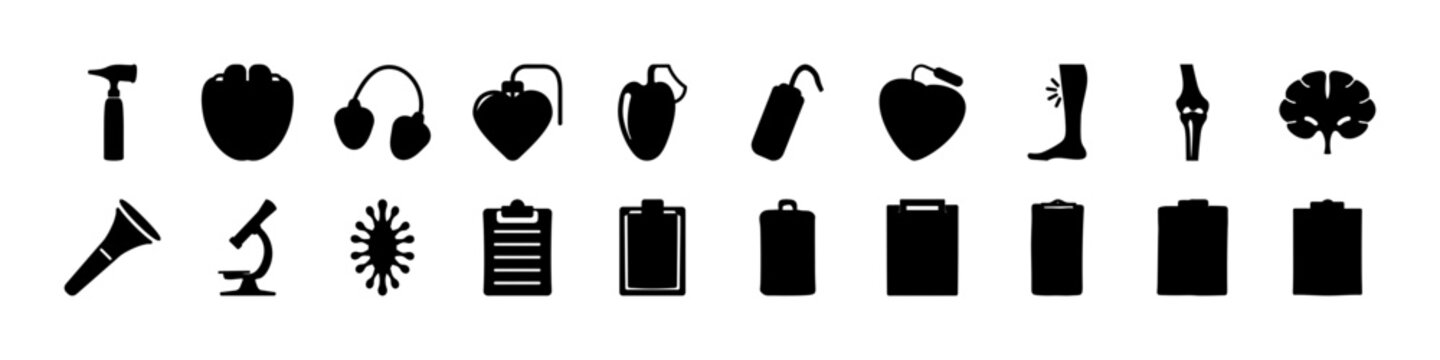 Laboratory Tools and Scientific Equipment Icon Set - Black silhouette icon collection featuring laboratory tools, glassware, safety gear, and scientific equipment for research, chemistry, and educatio