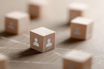Fototapeta premium Wooden blocks showing network connection between leader and team icons, collaboration concept