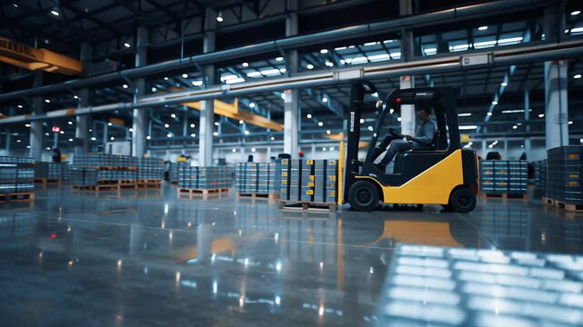 Industrial warehouse interior with sealed crates filled with polished neodymium magnets ready for export, visible shipping labels and barcodes, forklift slightly out of focus in background, cool 