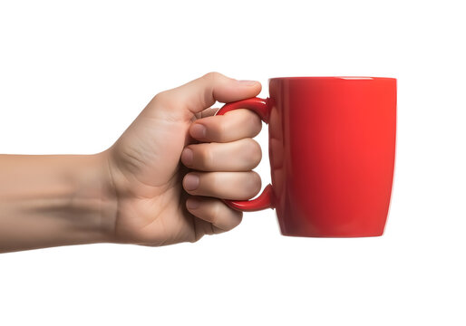 Hand holding red coffee mug isolated on transparent background