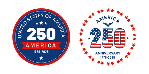 Fototapeta premium USA 250th anniversary vector badge set with flag and stars. Independence Day graphics for stickers, labels, banners and posters.