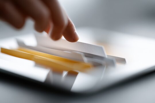 Tablet showing structured digital folders hierarchy with hand selecting file, document organization concept
