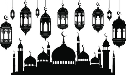 Black and white of mosque with hanging lanterns and crescent moons islamic architecture © MstMoksada