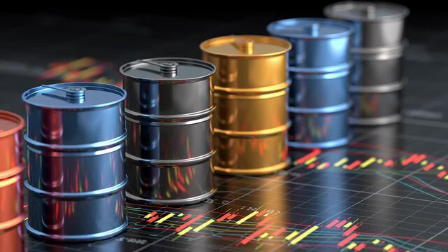 A row of four different colored barrels, each with a unique color and size. crude oil and petroleum market visualization, oil barrels with trading chart elements, modern financial editorial style