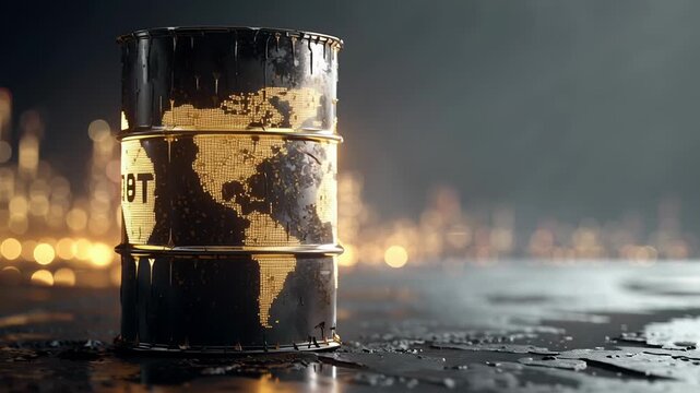 oil barrel representing energy production and global economy, industrial background, cinematic mood, high-quality editorial illustration