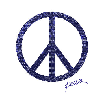 Sparkling purple and navy sequin peace sign embroidery design with a handwritten 'peace' script font on a clean white background, optimized for stock distribution.