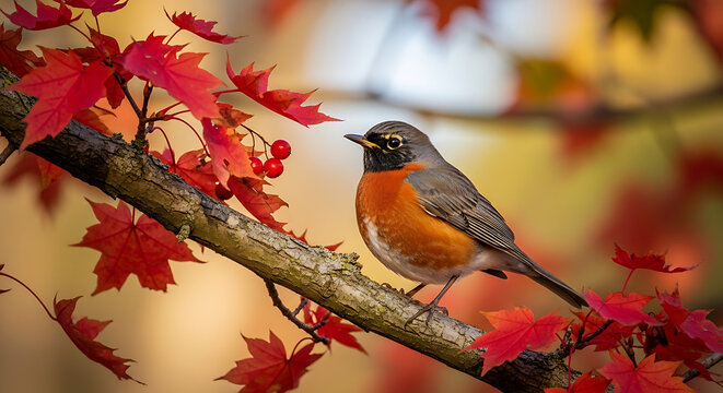American Robin Bird Perched on a Maple Tree Branch with Red Autumn Leaves and Berries