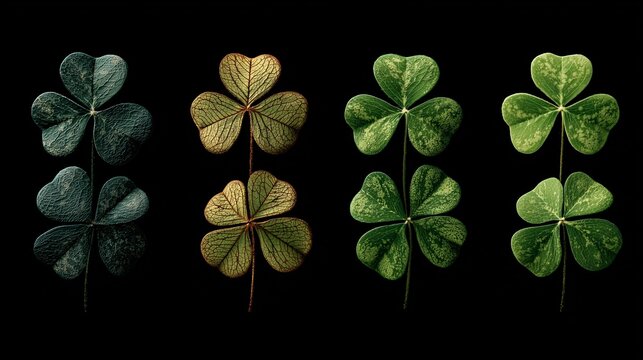 Four-leaf clovers on dramatic black background