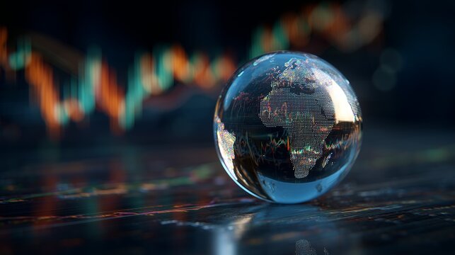 Glass globe reflecting financial stock charts