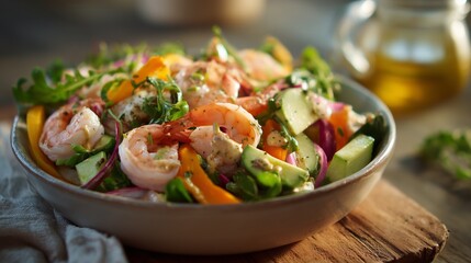 A vibrant dish featuring succulent prawns mixed with an array of crisp, multicolored garden vegetables