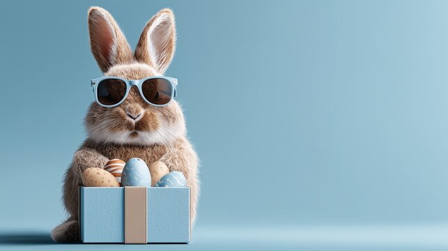 Cute bunny in glasses with Easter eggs, on a blue background with space for text