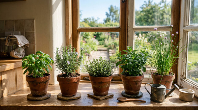Herbes aromatiques en pots de terre cuite sur une fen&ecirc;tre de cuisine
