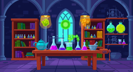 Magical laboratory vector illustration of potions and glassware, a mystical place for experiments © Purnomo Semlirick
