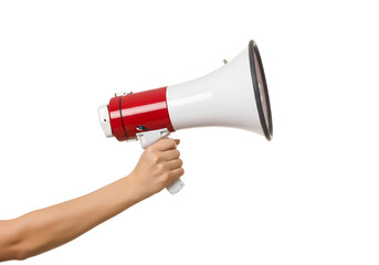 Hand holding red and white megaphone isolated on transparent background