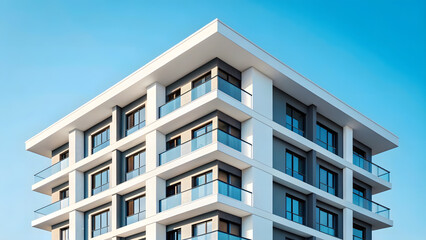 Modern residential building with balconies and large windows against clear blue sky