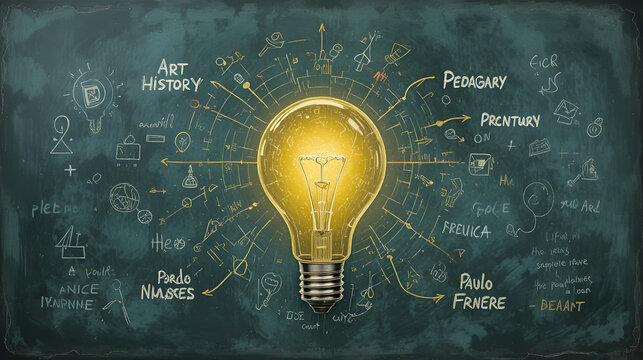 Explore pedagogy with art history, ethics, and Paulo Freire in a chalkboard lightbulb idea