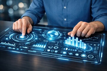 Obraz premium Interactive Interface: A person interacts with a futuristic, illuminated interface, showcasing the cutting-edge technology and connectivity of a modern world.