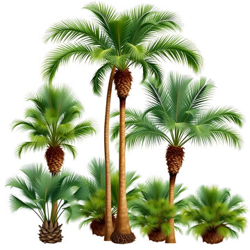 Set of Sabal palmetto (also known as cabbage palm, cabbage palmetto, sabal palms, wamp cabbage) frontal palms set isolated png on a transparent background perfectly cutout