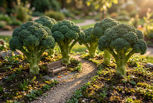 Brocoli arbres miniatures parc banc surr&eacute;alisme