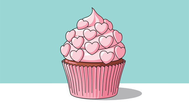 Delicious chocolate cupcake topped with thick pink frosting and covered in numerous small pink heart shaped sprinkles on a teal base.