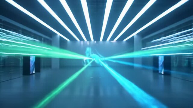 A wide-angle, futuristic interior video of a pristine, high-tech data center with dynamic, laser-like light beams forming intricate patterns symbolizing data transfer and AI. Concept of advanced