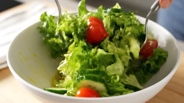 Close-up of a fresh green salad with tomatoes and cucumbers being tossed in a white bowl.