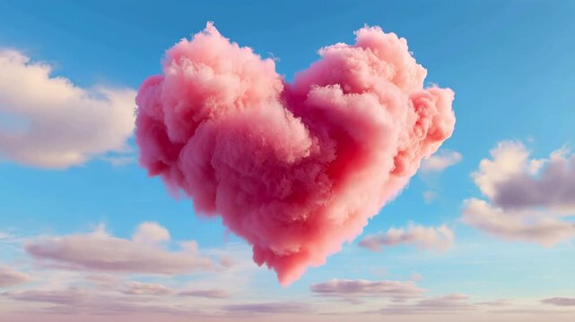 Fluffy heart-shaped cloud in pink sky. Cute poster or card design for special and romantic occasions. Valentine heart floating in sky furry pink pastel