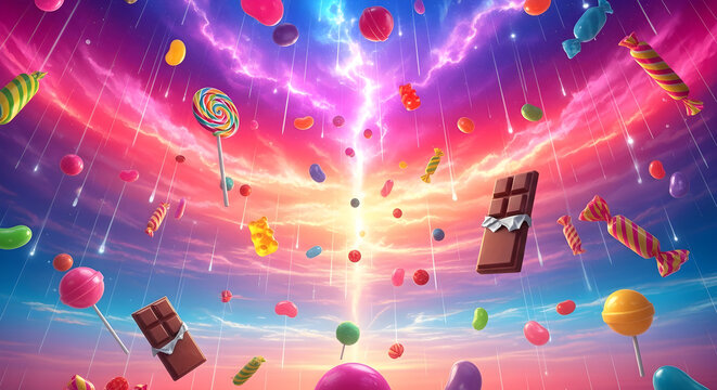 Candy rain falling from bright surreal sky, glossy texture
