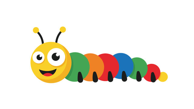 Happy cartoon caterpillar with a yellow head and a body made of colorful green orange red and blue circular segments.
