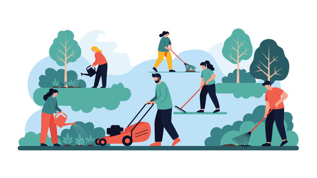 Group of people working together in a public park to maintain the landscape by mowing grass raking leaves and watering plants in summertime.
