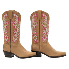 A pair of stylish tan cowboy boots with decorative embroidered designs on the shaft.